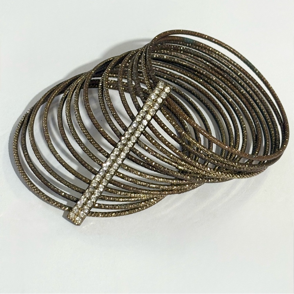 Vintage Unique 15 Bank Bangle Brass Color Tone Stacked Bracelet With Rhinestones